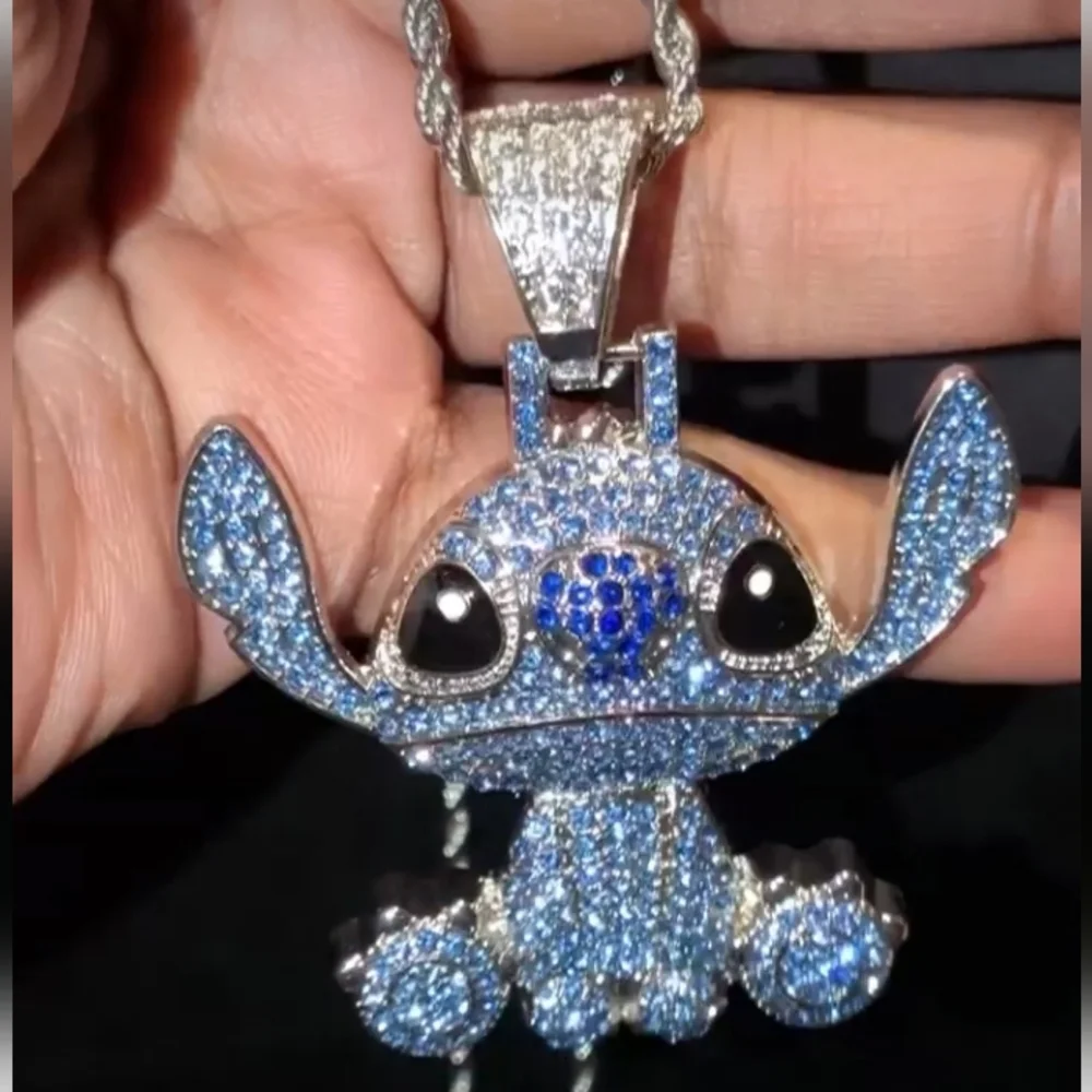 Stitch Character Rhinestone Pendant On Silver Tone Hip Hop Necklace 24